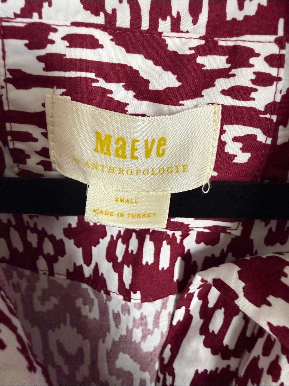 Maeve Bettina Tiered Shirt Dress from Anthropologie in a burgundy ikat print.S. - Picture 7 of 11